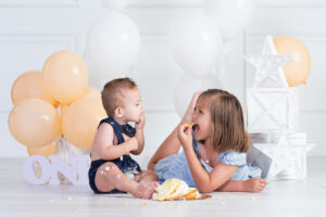 First Birthday Smash Cake Portrait with Siblings