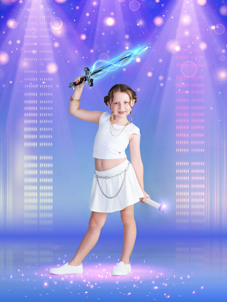 an 8 year old girl full of confidence as she poses in a KPop Demon Hunter inspired setting at Cloud 9 Studios in Wesley Chapel, Florida