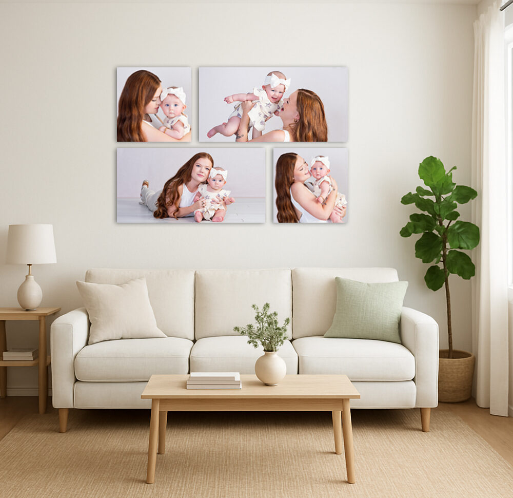 A living room transformed to a loving place to sit and relax with portraits of a mom and baby loving on each other in Wesley Chapel, Florida