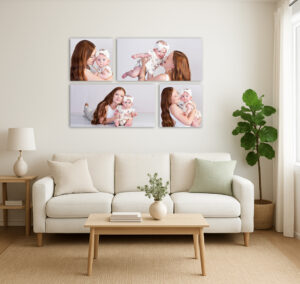 A living room transformed to a loving place to sit and relax with portraits of a mom and baby loving on each other in Wesley Chapel, Florida