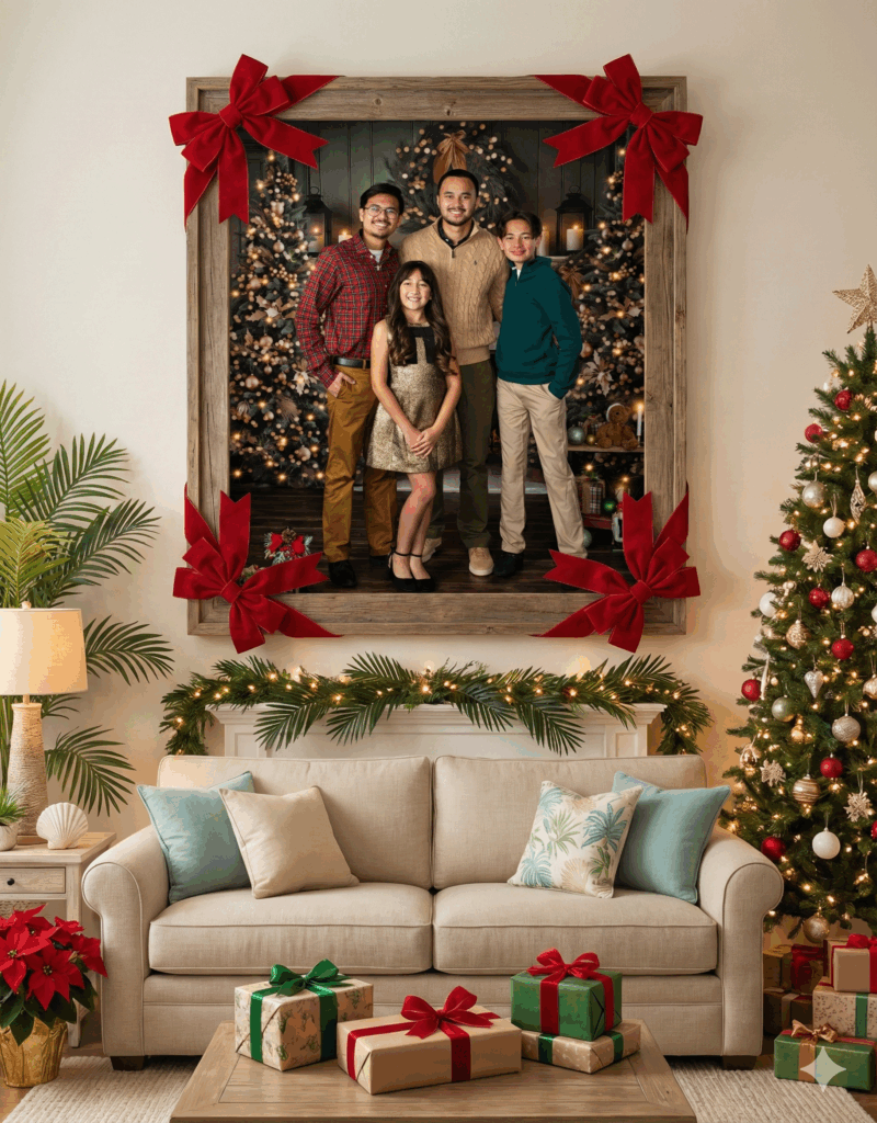 A framed family portrait on a living room wall with siblings wrapped in a warm embrace for their annual Christmas portrait at Cloud 9 Studios in Wesley Chapel, Florida