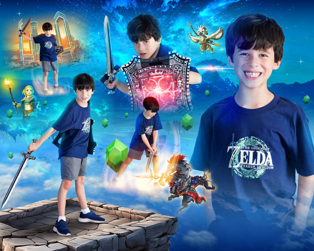an 8 year old boy who loves the game Zelda designed in a custom collage representing all his favorite expressions and moves that remind him of the game. Photographed and created at Cloud 9 studios in Wesley Chapel, Florida