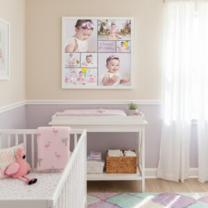 A baby girl's nursery showcasing her adorable first birthday portraits that were created at Cloud 9 Studios in Wesley Chapel, Florida just north of Tampa.