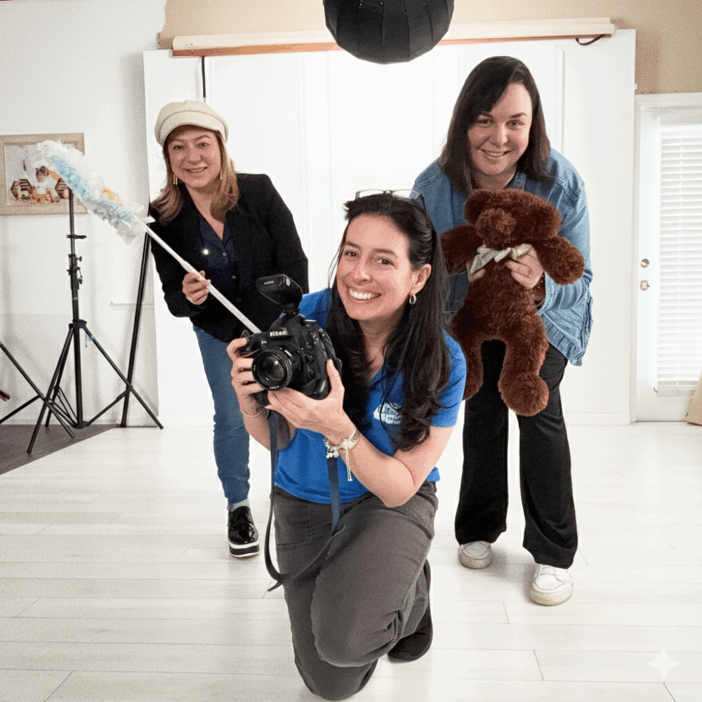 Jeanine McLeod and the team at Cloud 9 Studios acting silly to make children smile and feel comfortable in the studio for their portrait sessions in Wesley Chapel, Florida just north of Tampa.