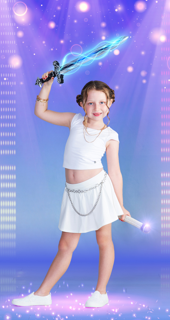 an 8 year old girl full of confidence as she poses in a KPop Demon Hunter inspired setting at Cloud 9 Studios in Wesley Chapel, Florida