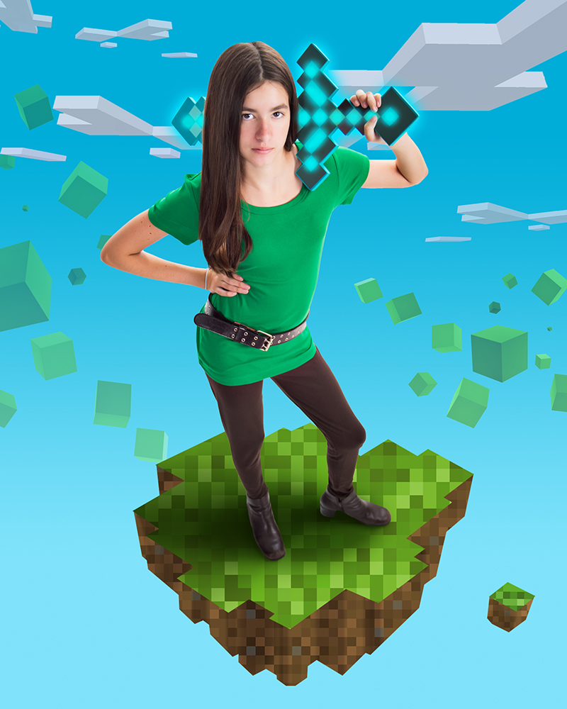 a girl standing on a Minecraft block with confidence that she is in control of her world.