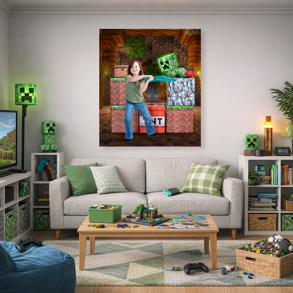 Minecraft-inspired child portrait displayed as wall art in a cozy playroom designed for gaming, reading, and creative play