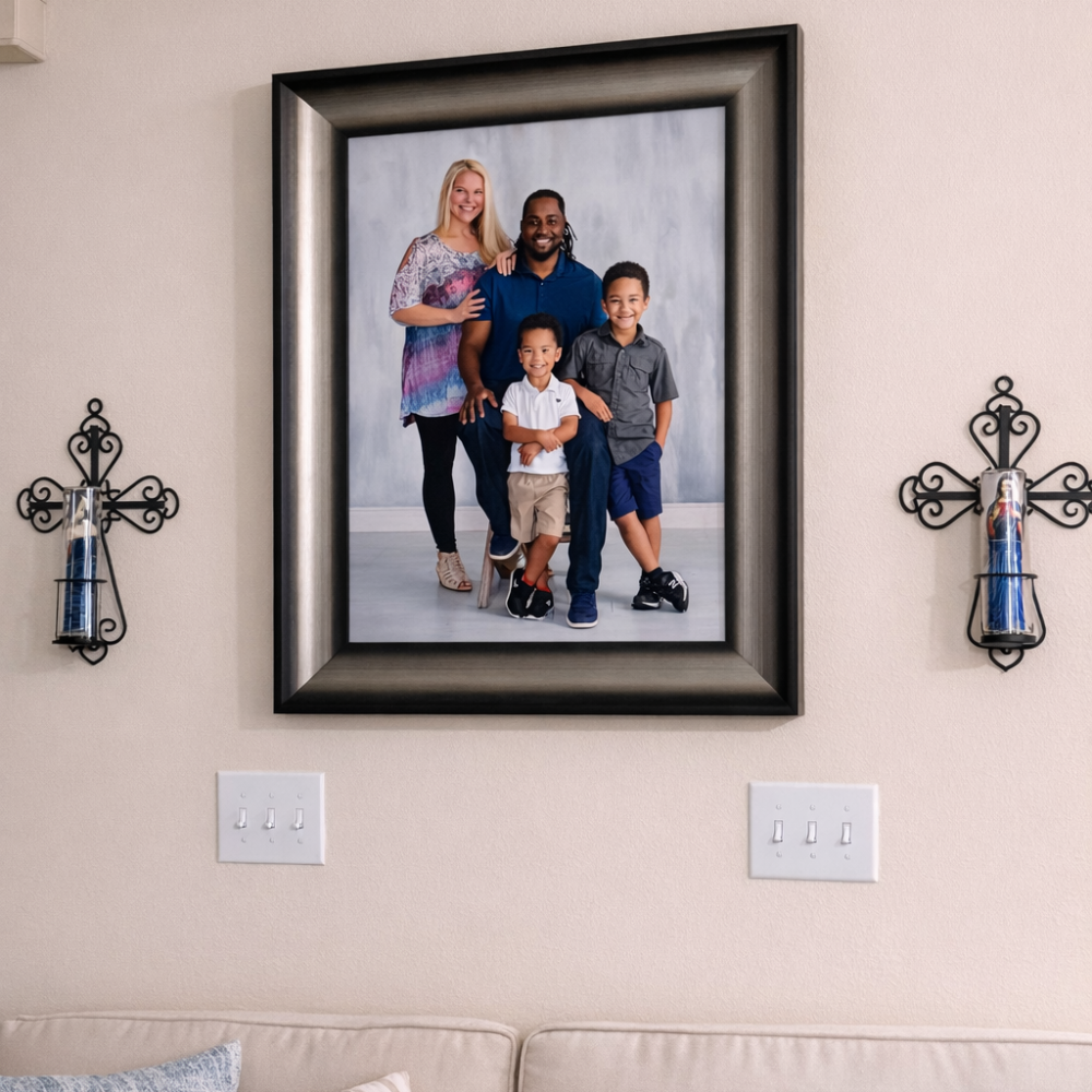 Family portrait on display in the living room of a home in Wesley Chapel, Florida