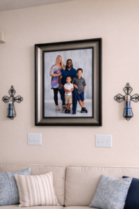 Family portrait on display in the living room of a home in Wesley Chapel, Florida