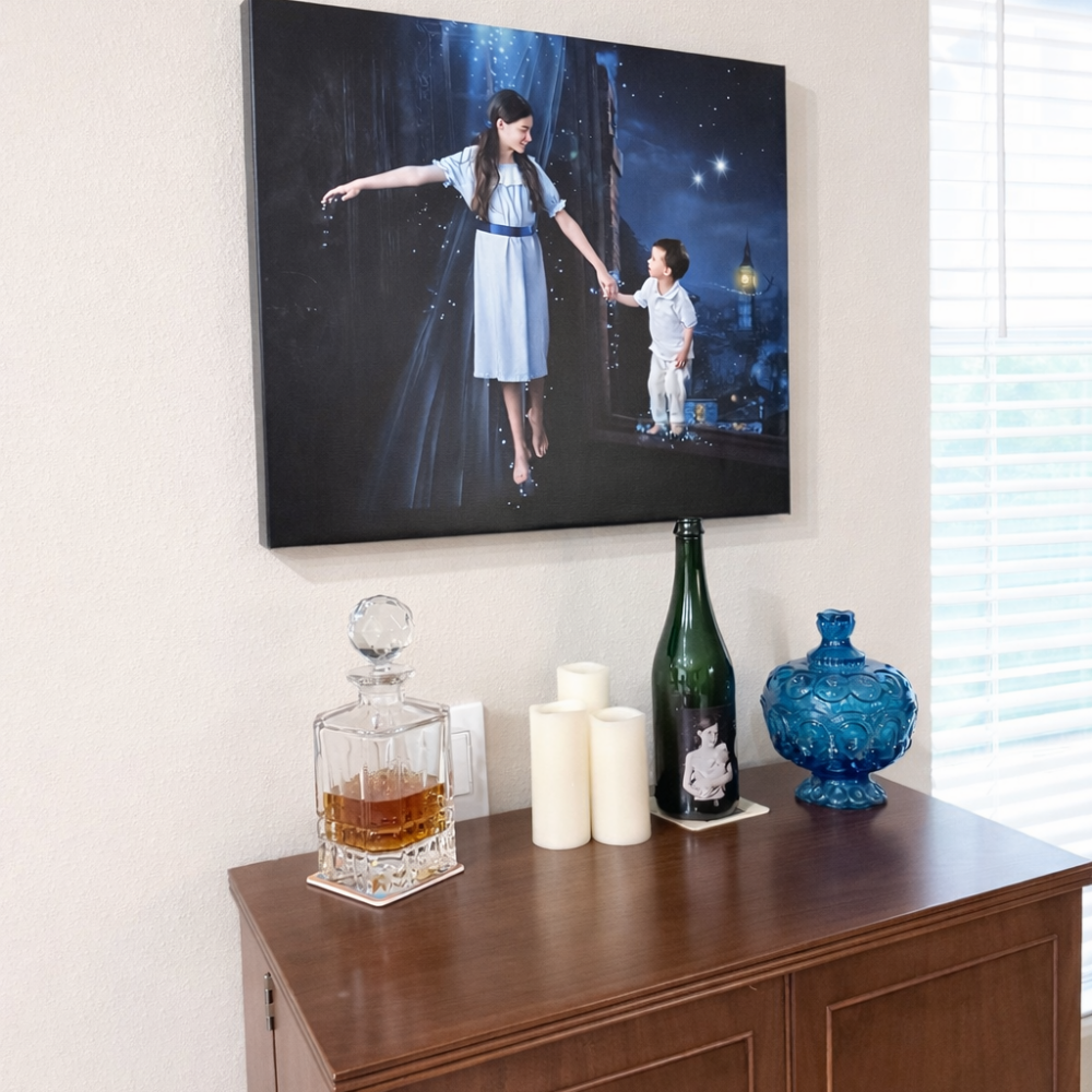 Canvas wall art of two children in a Neverland-inspired imagination portrait displayed in a family home in Wesley Chapel, Florida