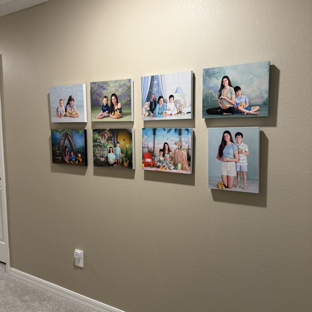 Eight years of annual duck portraits displayed as canvases in a hallway at photographer Jeanine McLeod's Wesley Chapel home