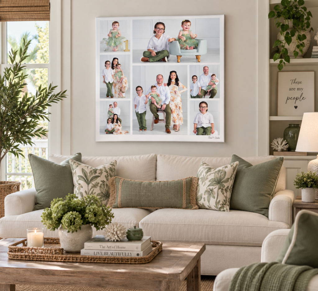 Family portrait canvas displayed in a living room by Cloud 9 Studios in Wesley Chapel, Florida
