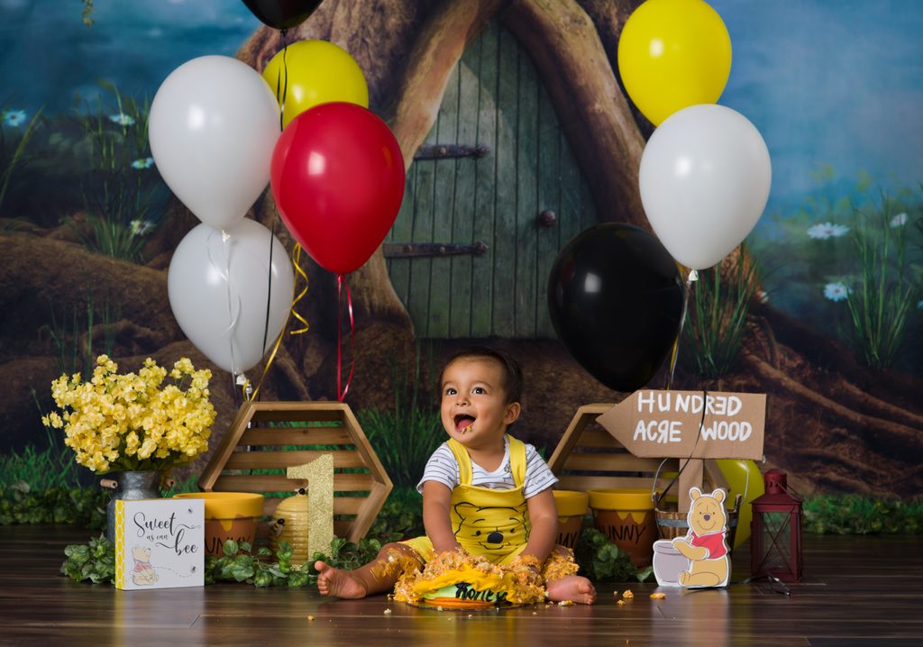 Winnie the Pooh cake smash portrait of a one-year-old boy celebrating his first birthday.